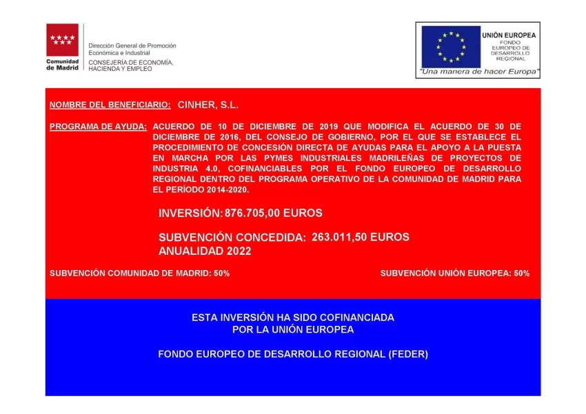 Ayuda Industria 4.0 Comunidad de Madrid y fondos FEDER
